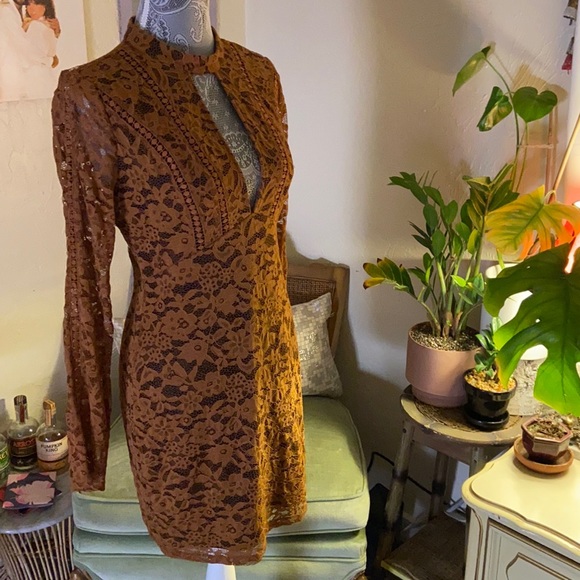 Long Sleeve Lace Gold/ Burnt Orange Midi Dress. - Picture 2 of 5
